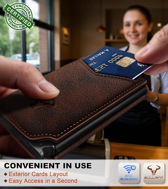 BULLIANT Men Wallet Leather Wallet Card Holders Money Clip for Men 10Cards-Magnetic Flip on Metal Case