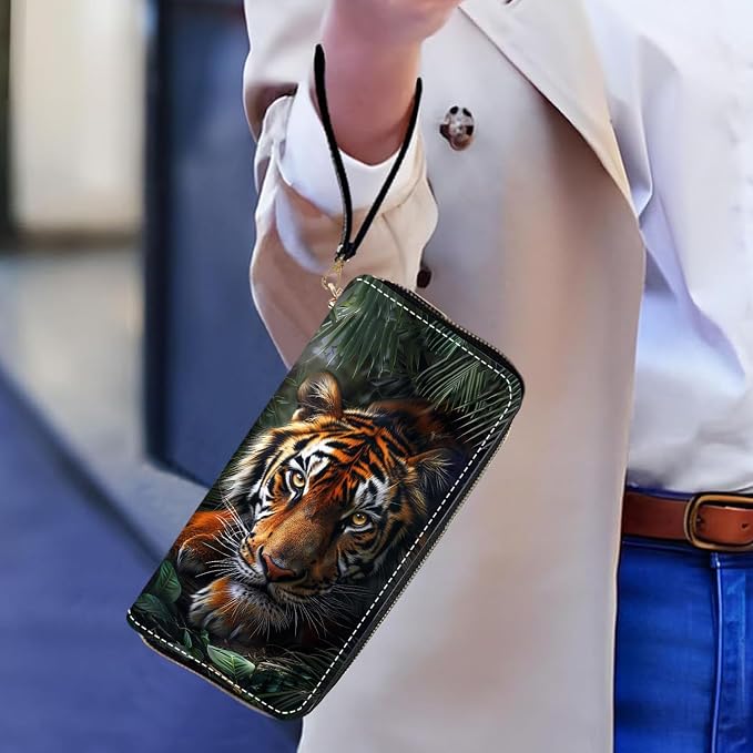 Women's Large Capacity Wallet PU Leather Zip Around Clutch Purse Multifunctional Wallet with Removable Wristlet Strap for Smart Phone/Coin/Card/Cash - Tiger