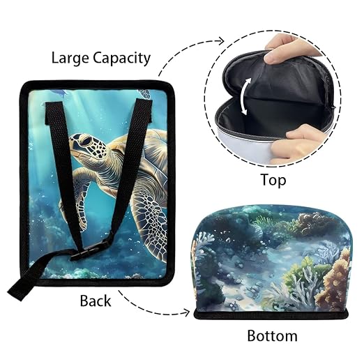 Biyejit Sea Turtle Print Hanging Car Trash Bag Can with Lid, Collapsible Car Garbage Bag with Pockets, Garbage Can for Central Control Leak-Proof Trash Storage Organizer Box