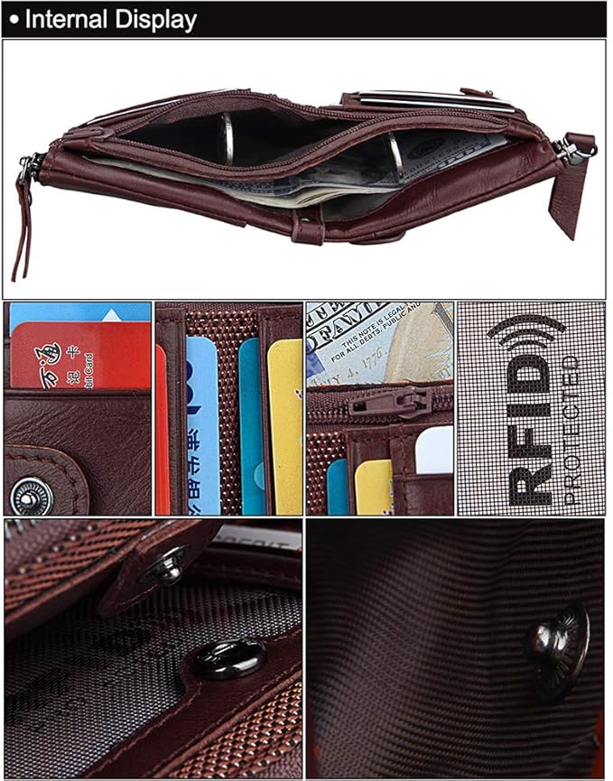 Men's Folding Double Zip Wallet RFID Blocks Retro Short Coin Purse