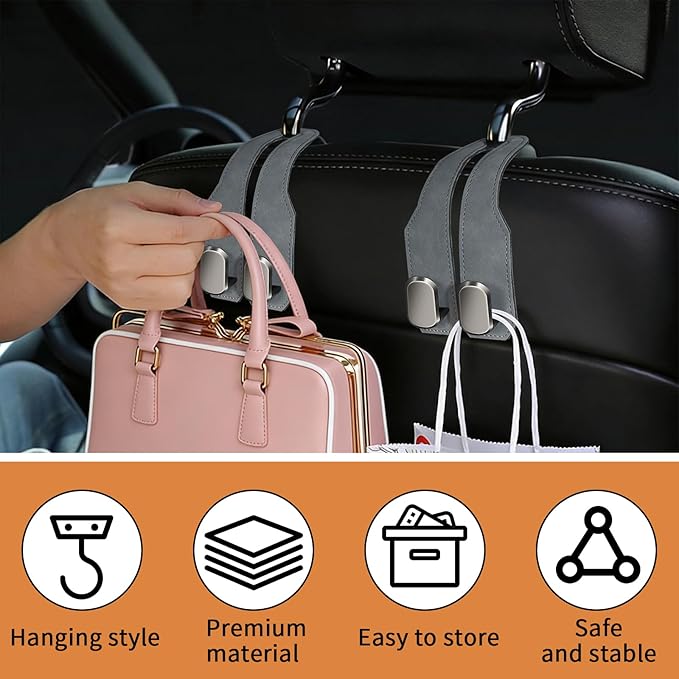 4 Pack Car Seat Headrest Hooks for Purses and Bags, Car Purse Holder With Double Metal Hooks, Headrest Back Seat Handbags Hook, Universal Car Purse Hanger, Cute Car Hanging Accessories, Grey