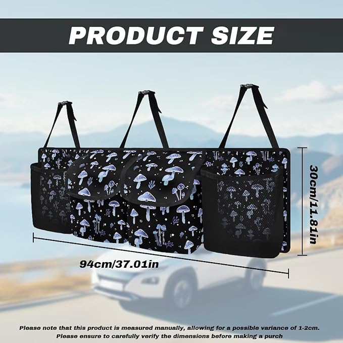 Car Trunk Organizer,Collapsible Large Capacity Auto Backseat Hanging Storage Bag with Adjustable Strap & 4 Pockets,Keep Trunk Clean and Tidy(Blue Mushroom Pattern)