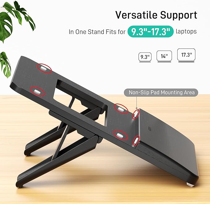 AFOOYO Adjustable Bamboo Laptop Stand,Portable Computer Riser,Ergonomic Notebook Mount with Wrist Rest,Compatible with 9.8-15'' All Laptops,MacBook Air Pro/HP/Dell/Lenovo,Black
