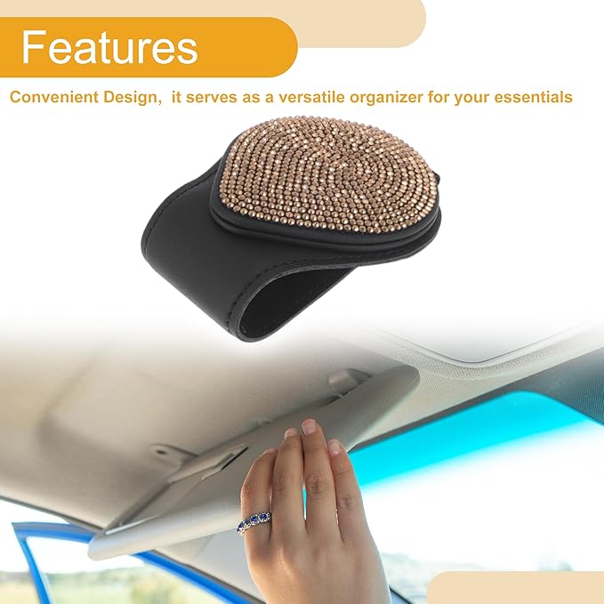Car Sunglasses Clip Magnetic Universal Sun Visor Eyeglasses Holder Clip PU Leather, Rhinestone Black, Gold 6.5x9cm/2.56 "x3.54 1 Pcs