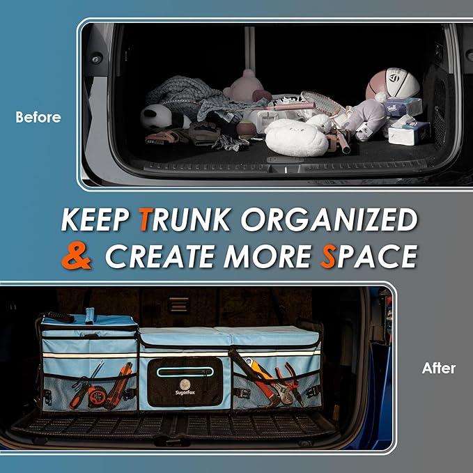 SugarFox 95L Car Trunk Organizer & Storage With 26L Ice Pack, Waterproof Foldable | Trunk Organizers for SUVs & Cars, Car Storage Organizer, Great Gift for Drivers (Blue-M004)