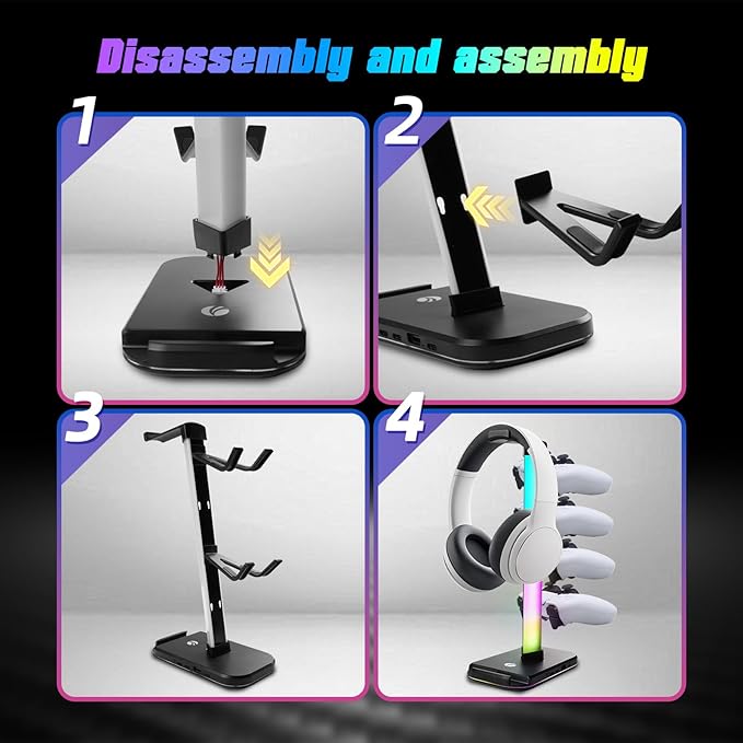 VCOM RGB Gaming Headphones Stand with 10 Light Modes, 4 Controller Holder with 1 USB & 2 Type-C Charging Ports,Headset Stand Suitable for All Earphone Accessories, Best Gift for Desk Gamers
