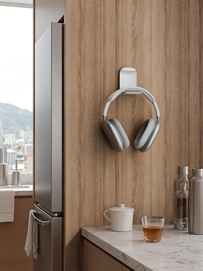 MAMUVIMO Headphone Stand, Headset Stand Foldable & Sticky, Headphone Holder Hook Mount with Non-Slip Silicone, Adhesive Earphone Desk Hanger Clip Space-Saving for Airpods Max, All Earphones-White