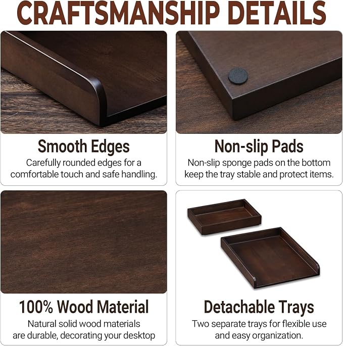 Wooden Desktop File Organizer, 2-Tier Detachable Solid Wood Paper Tray for A4 Paper Documents Letter Bill Notebook Stationery, Multi Modular Desk Storage Tray for Home Office Cubicle School