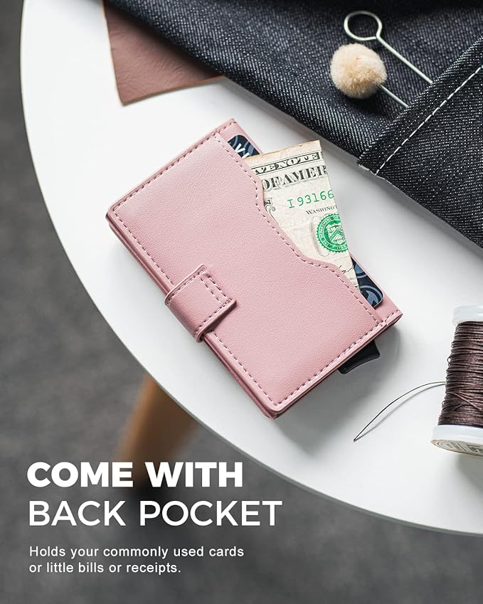 VULKIT Slim Bifold Pop up Wallet Minimalist Leather Card Holder RFID Blocking Metal Card Case with ID Window for Women | with Leather Slots, RFID Blocking, Slim, Metal Card Case