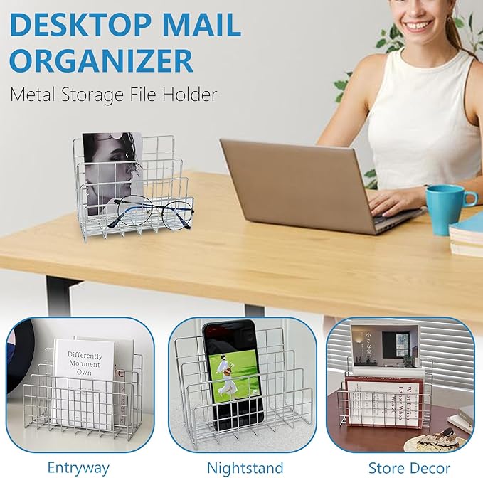 Silver Metal Desktop Organizer – 4-Slot Wire Mail Sorter, Minimalist Iron Art File Holder, Multi-Purpose Book Rack & Letter Organizer for Office, Home & School