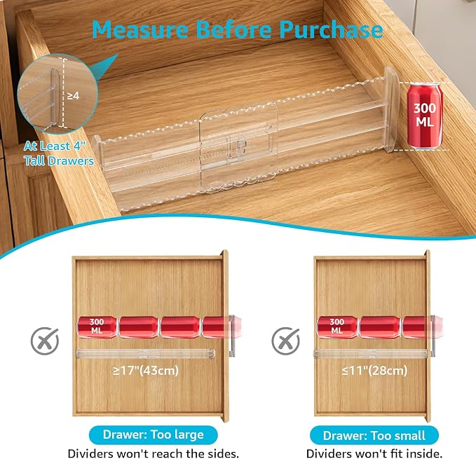 8 Pack 4" High Drawer Dividers for Clothes, 10.2"-16.5" Expandable Dresser Drawer Organizers, Adjustable Plastic Clear Drawer Separators for Kitchen, Baby Clothing, Socks, Underwear, Bedroom