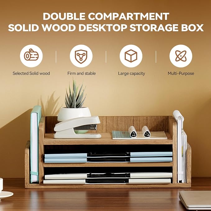 KIRIGEN Wood Desk Organizer 5 Trays, 3-Tier Desktop Document Letter Tray with Side Slots, Fully Assembled Mail Sorter and File Folder Holder for Home Office, Brown 2TP-DBR