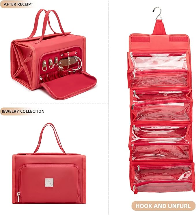 ROYALFAIR Roll Up Makeup Bag, Travel Toiletry Bag for Women with 4 Clear TSA Approved Pouches, Hanging Travel Organizer, Folding Cosmetic Bag for Men and Women (Red)