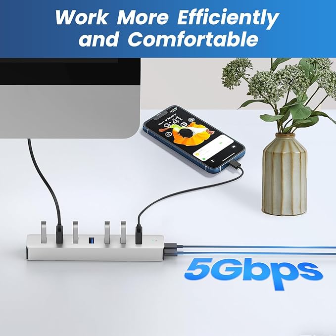 7 Ports USB Hub, Aluminum Multiport Desktop USB Adapter Powered USB Splitter for Laptop, Mobile Phones, PC, PS4 and Other USB Devices(3.3Ft Data Cable+3.3Ft Charging Cable)
