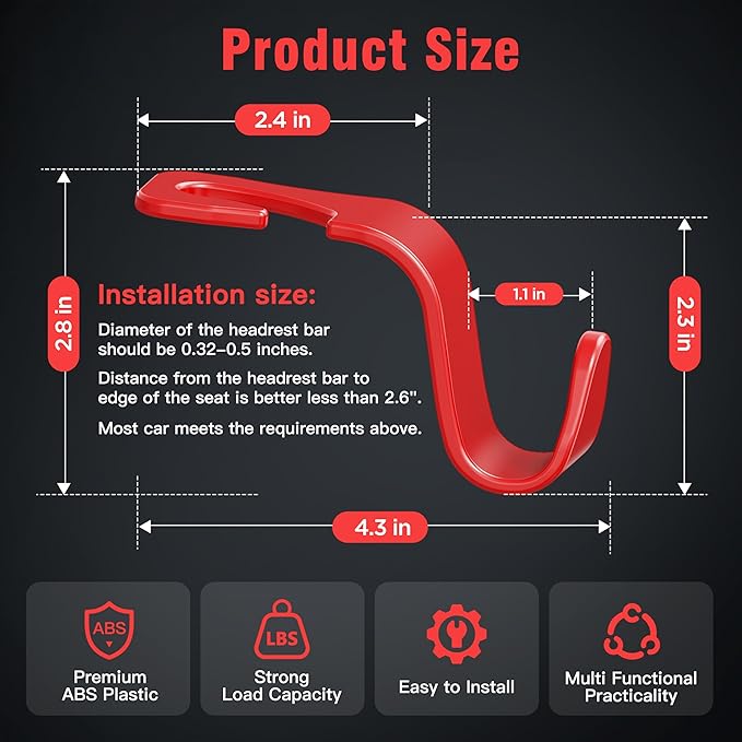 Amooca Car Seat Headrest Hook 4 Pack Hanger Storage Organizer Universal for Handbag Purse Coat Universal fit Vehicle Car S Type Red