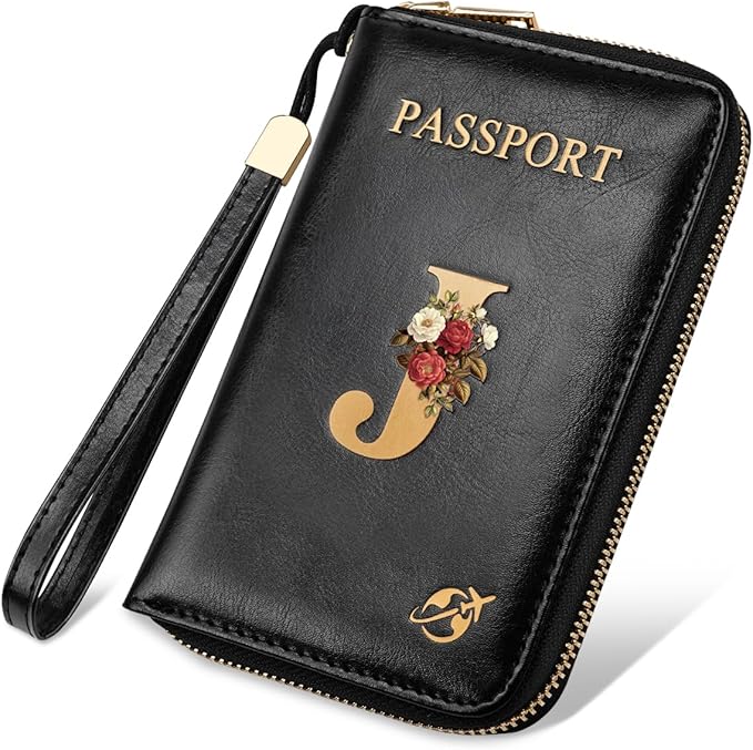 Passport Holder Cover Wallet with Zipper Personalized Initial Letter J Rose Flower RFID Blocking Travel Wallets Credit Cards Holder for Women, Gift for Wife and Girlfriend,J