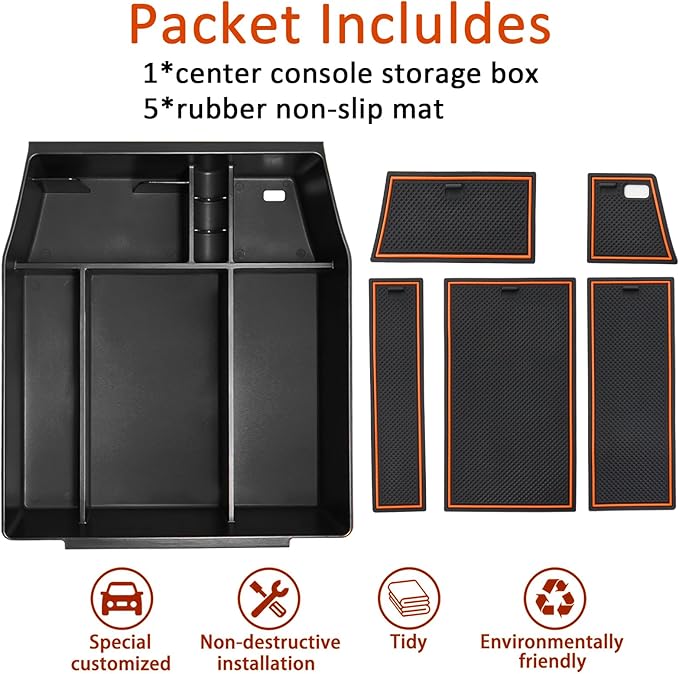 Center Console Organizer Tray for Ford F150 2021 2022 2023 2024 Accessories Interior Secondary Storage Armrest Box Insert Hidden Cubby Drawer (Full Console w/Bucket Seats ONLY) (Orange Trim)