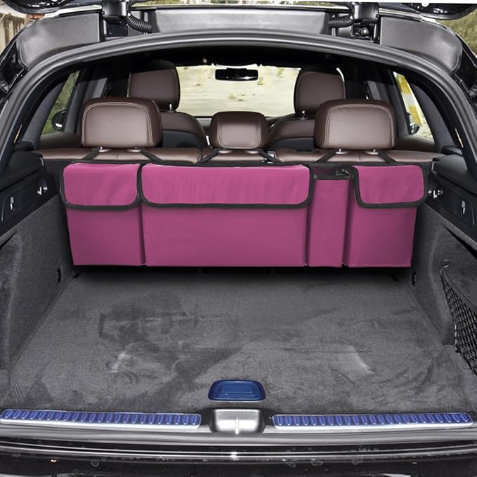 BELOMI Car Trunk Organizer, Auto Waterproof Sturdy Backseat Hanging Large Storage Collapsible Cargo Bag with Anti-Slip Adjustable Strip&4 Pockets, Vehicle Interior Accessories(Purple)