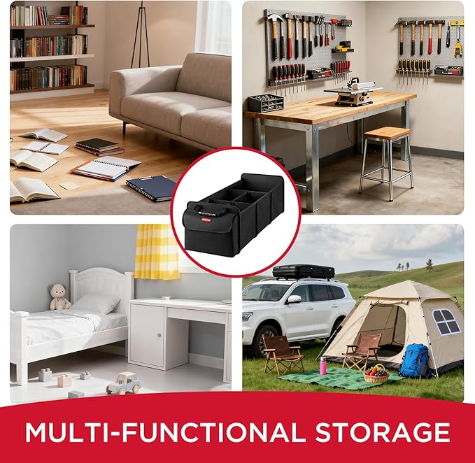 Rubbermaid Car Organizer, Collapsible Trunk Organizer with Removable Leakproof Cooler Bag without Lid, Multi-Compartment Car Storage Organization for Car Accessories, 5 Compartments Without Cover,
