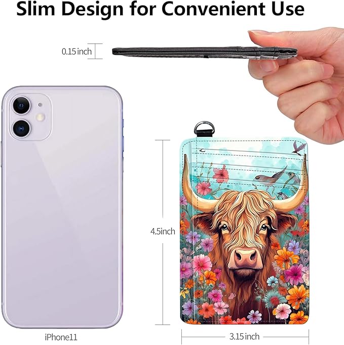 Slim RFID Blocking Card Holder Wallet with Wrist Strap - Minimalist Front Pocket Wallet, Cow and Flower Design, PU Leathe, for Men & Women, Ideal for Travel & Gifts