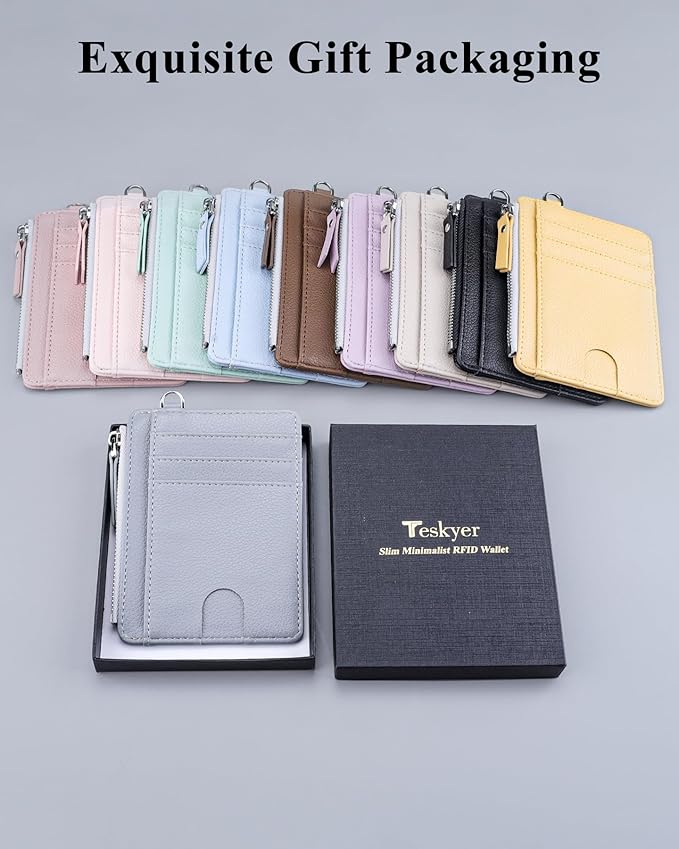 Teskyer Slim Card Holder Wallet with Zip Pocket, RFID Blocking, Total 9 Compartments Large Capacity, 3.5" x 4.7" (Slight Larger Than Usual), Faux Leather - Grey