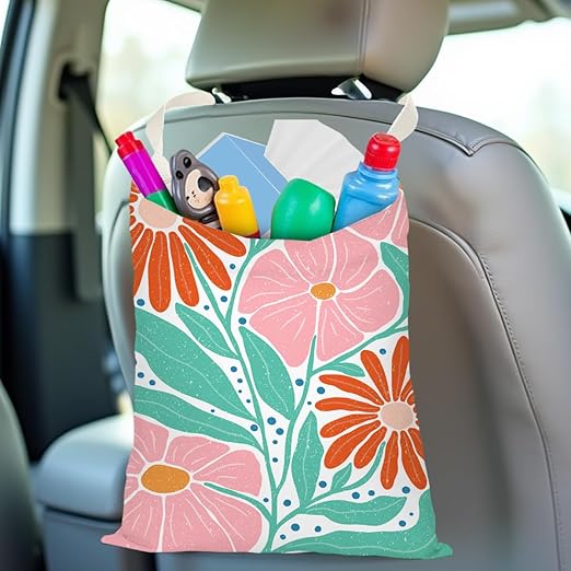 Boho Floral Car Trash Can, Car Trash Bag Hanging, Waterproof Cars Back Seat Hanging Organizer and Storage Trash Bags for Vehicle Travelling Camping