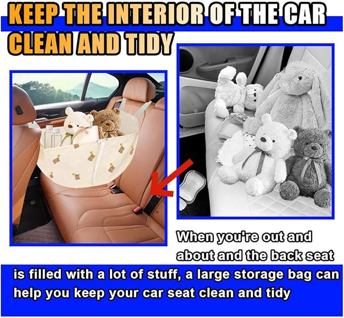Car Seat Organizer - Large Capacity Auto Backseat Organizer, Collapsible Car Hammock Storage Bag, Reusable Tote with Drawstrings, Road Trip Essentials for Adults Kids (Beige)