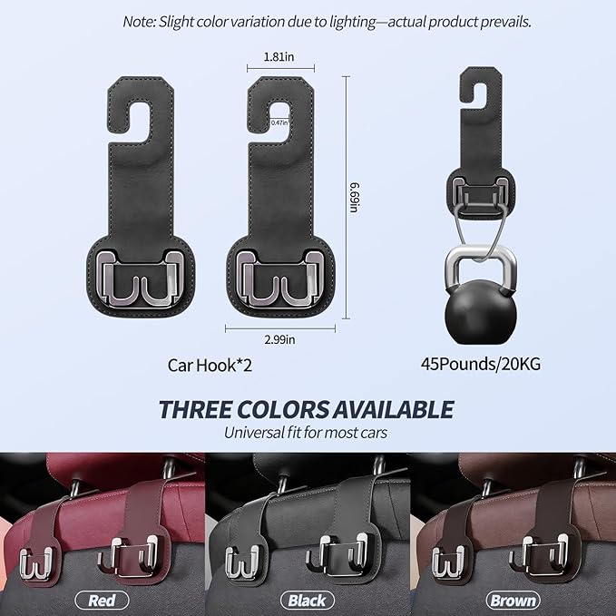 2 Packs Headrest Hooks for Car, Hidden Twinhook Leather & Metal Car Purse Holders, Universal Seat Back Storage Organizer Hanger for Purse Bag Handbags Phones, 2026 Car Seat Accessories (Black)