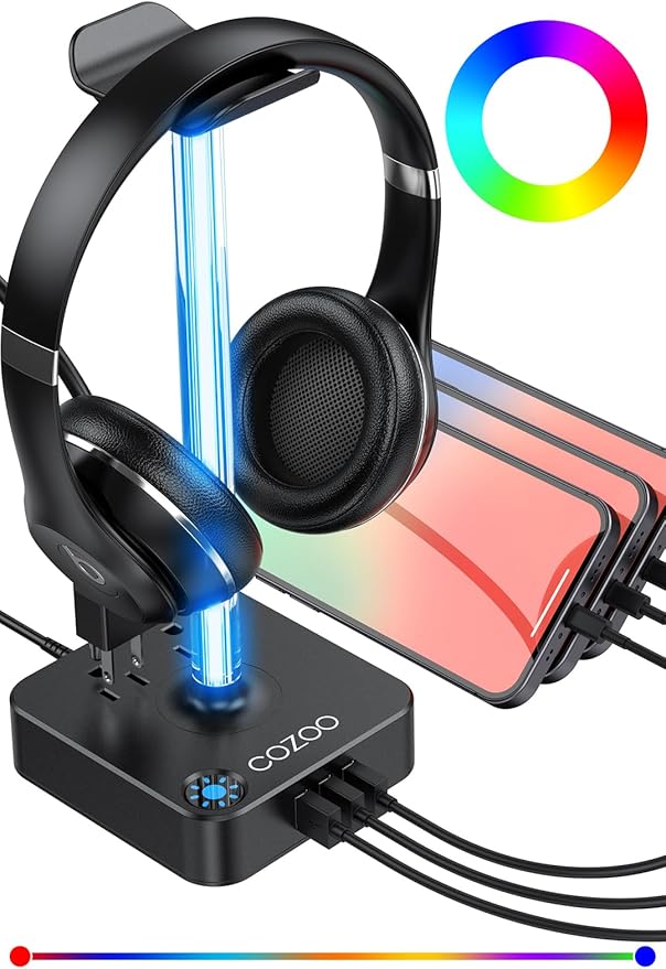 RGB Headphone Stand with USB Charger COZOO Desktop Gaming Headset Holder Hanger with 3 USB Charger and 2 Outlets - Great for Gaming, DJ, Wireless Earphone Display,Gamer PC Accessories Boyfriend Gifts
