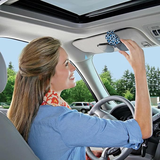 2 Pack Sunglass Holder for Car Visor, Universal Magnetic Car Sunglass Holder for Different Size Eyeglasses, Car Visor Accessories (Leopard-Blue)