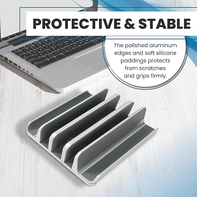 Elestoria 5- Slot Vertical Laptop Stand - Aluminum Laptop Stand Vertical for Desk - Fits MacBook Pro/Air, Surface, Mobiles & Gaming Laptops up to 17.3" - Heavy Duty Laptop Holder for Desk - (Silver)