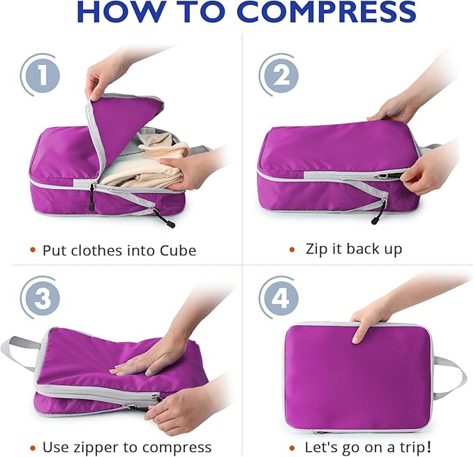 Compression Packing Cubes, 10 Set Packing Cubes for Travel Compression, Lightweight Compressible Package Organizer for Carry On and Suitcases, Purple and Grey