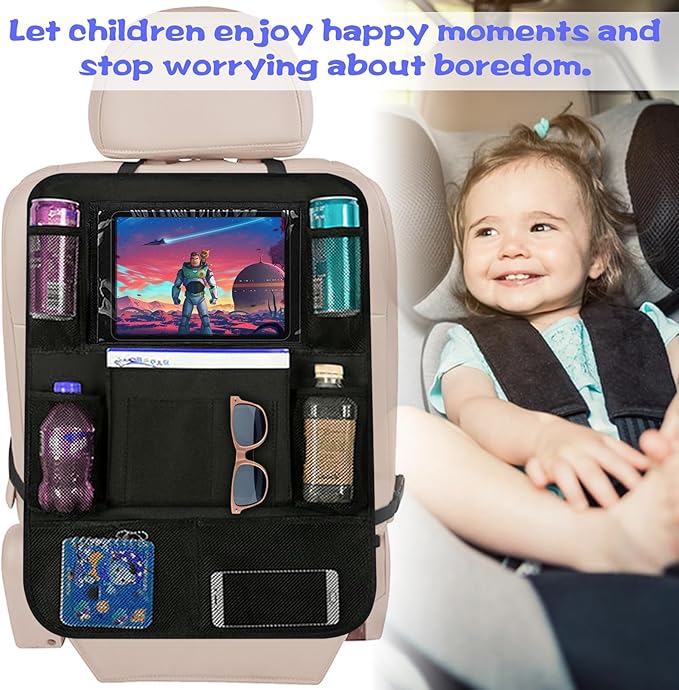 2 Pack Car Seat Organiser, Car Tidy Organiser Back Seat, Water Proof Oxford BackSeat Protector with 10" Ipad Tablet Holder, 9 Pockets for Books, Bottles, Black