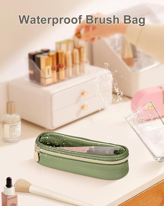 Soimeat Clear Travel Makeup Brush Holder, Leather Makeup Brush Toiletry Bag, Portable Cosmetic Brush Case, Transparent Waterproof Makeup Brush Storage Bag, Green