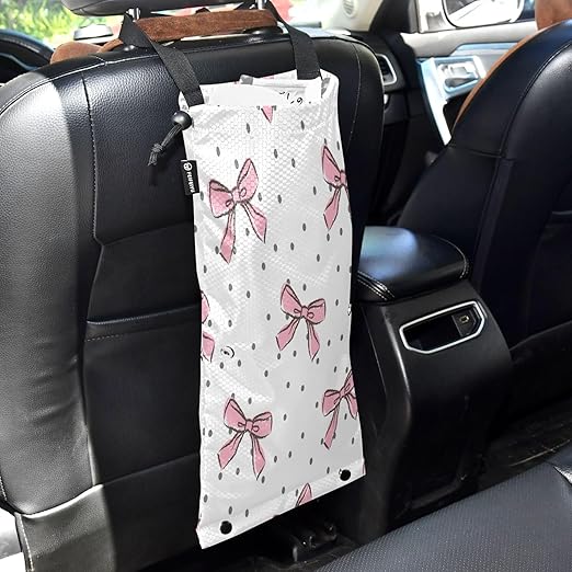 YETTASBIN Bow Pink Hanging Car Trash Can with for Front Back Seat 2 Packs, Waterproof Washable Reusable Automotive Garbage Bin, Versatile Car Accessories Trash Bag
