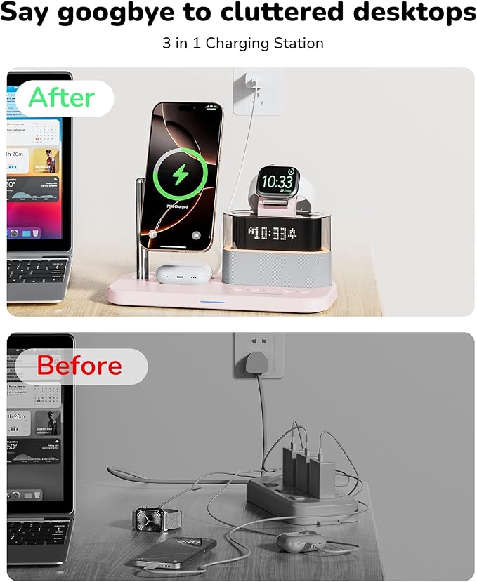 5 in 1 Wireless Charging Station,Alarm Clock with Night Light Magnetic Multiple Charger for iPhone 17/16/15/14/13/12 Pro Max,Apple Watch Series Air-Pods,Bedroom Charging Stand