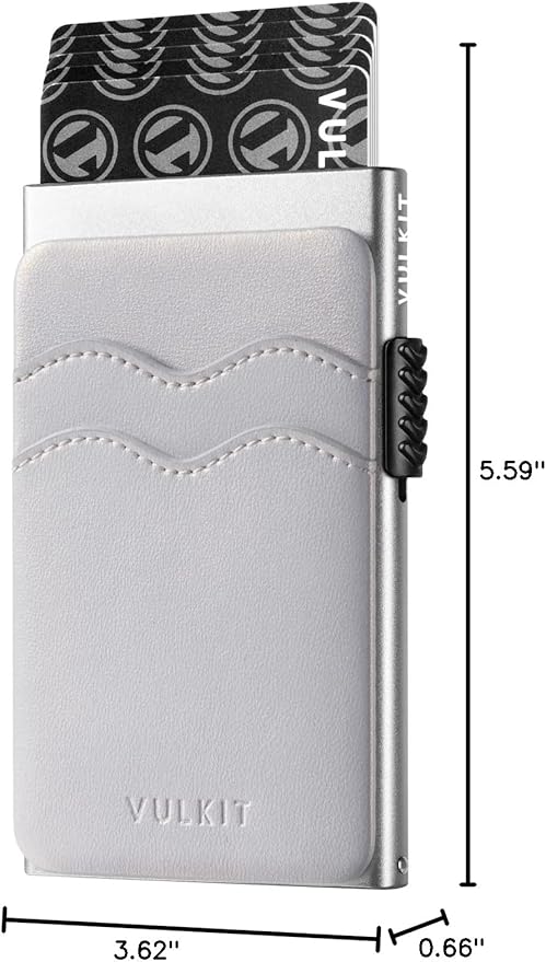 VULKIT Credit Card Holder Minimalist Slim Pop Up Wallet with Leather Slots RFID Blocking for Men and Women Holds 7 Cards and Notes Pearl White
