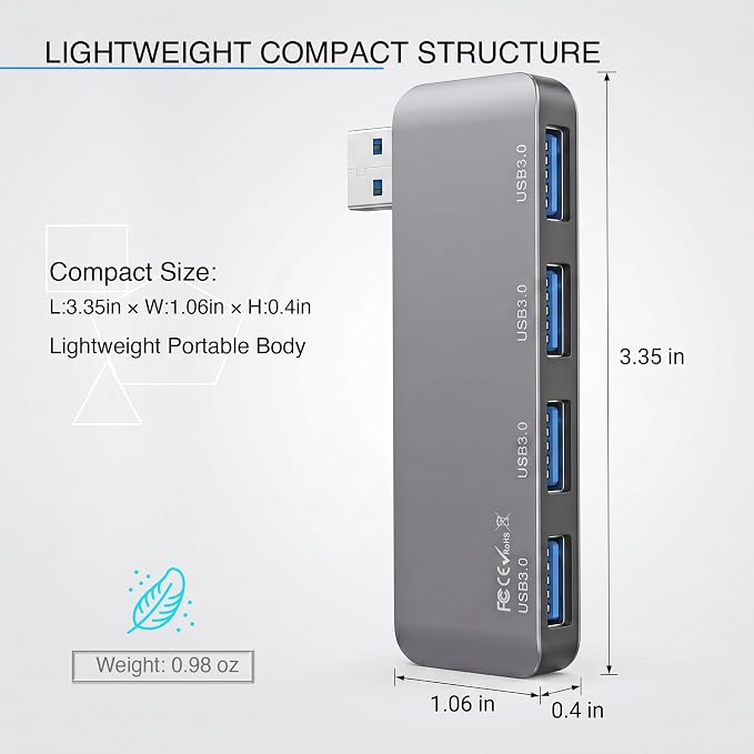 Portable 4-Port USB 3.0 Hub with Direct Plug-in USB Male Connector Design | Space-Saving USB Hub Compatible with Laptops and Desktops, Works with Windows, macOS, Linux and Chrome OS