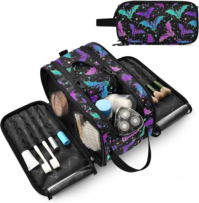 MNSRUU Luminous Bats Makeup Bag - Large Capacity Cosmetic Organizer, Portable Toiletry Bag for Travel Size