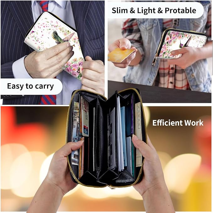 Wallet,Leather Long Wallet Suitable For Ladies And Teenagers - Detachable Wristband + RFID Travel Wallet With Card Slot - Hummingbird and Flowers