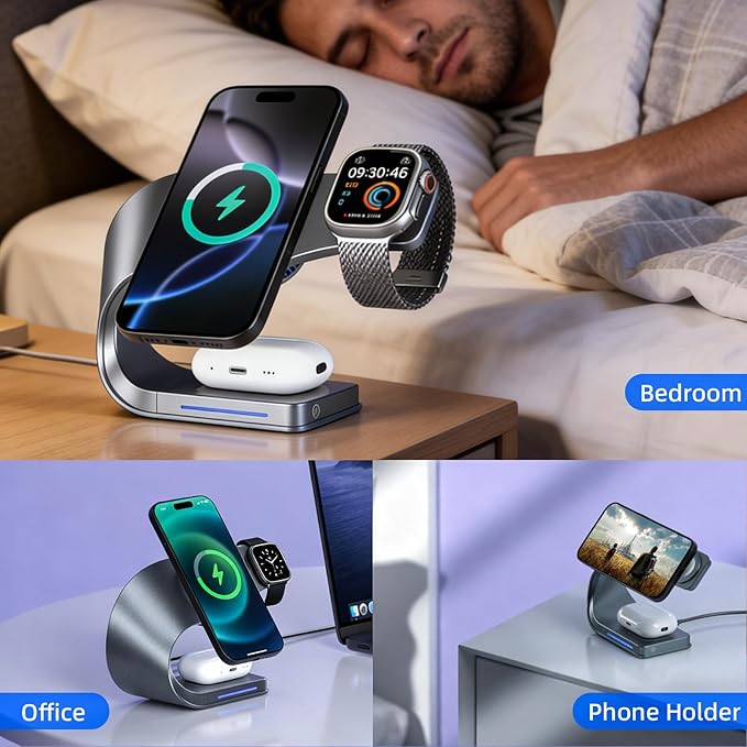 3 in 1 Wireless 15W Fast Charging Station for Apple Devices Dock for iPhone 15/14/13/12 Apple Watch Series 11/10/9/8/SE AirPods Pro 3/2 Bedside Charging Stand with Nightstand Organizer (Gray)