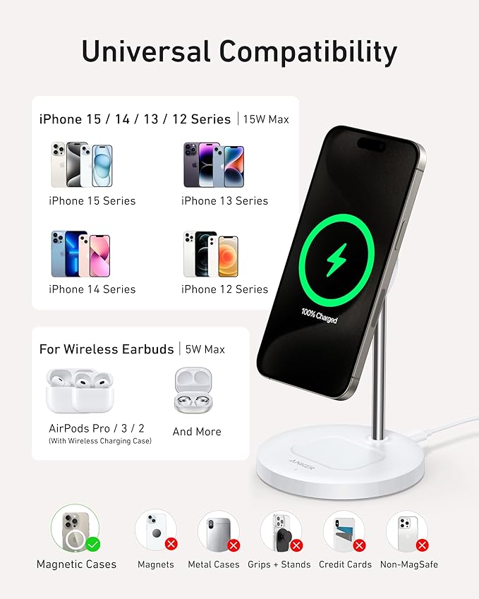 Anker MagSafe Compatible MagGo Charger Stand, iPhone 17 Wireless Charger, 2-in-1 Charging Station, Qi2 Certified 15W Fast Charging, for iPhone 17/16/15/14/13, AirPods Pro (White, with Cable)