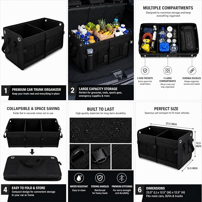 Car Trunk Organizer – Foldable Storage with 3 Compartments, Heavy Duty, Collapsible Cargo Organizer for SUV, Truck & Car (Black)