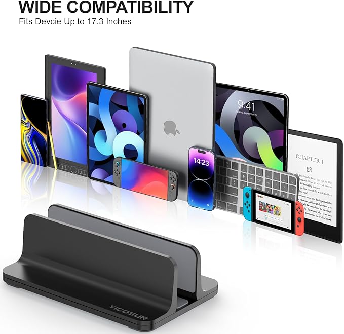 Aluminum Vertical Laptop Stand for Desk - Adjustable Width Dock for MacBook, Surface, Samsung, HP, Dell up to 17.3 inches - Space-Saving & Protective Design - Black