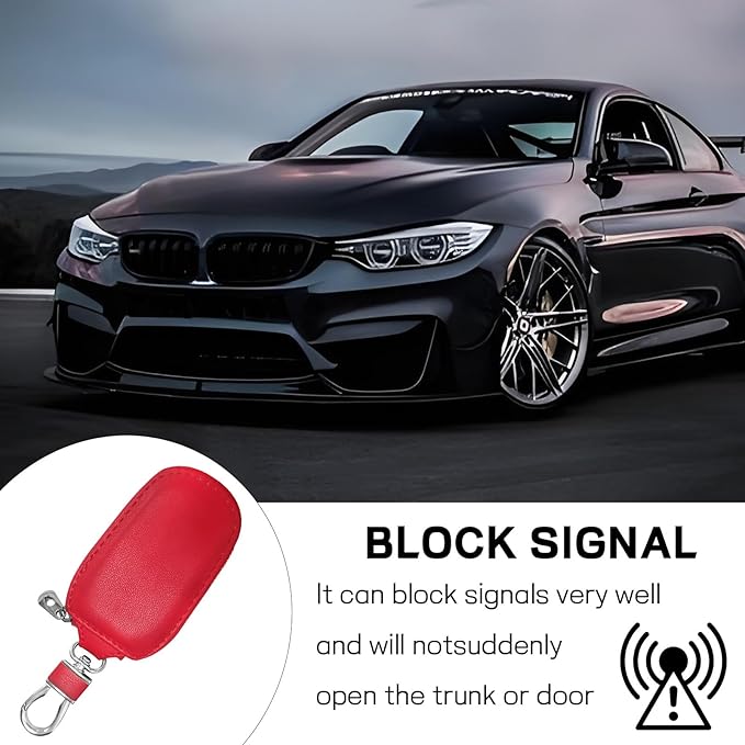 Car Key Case, Genuine Leather Auto Key Fob Protector, Universal Key Fob Cover Case with Metal Hook, Car Smart Keychain Holder for Remote Key Fob, Vehicle Keyring Zipper Bag (Red)