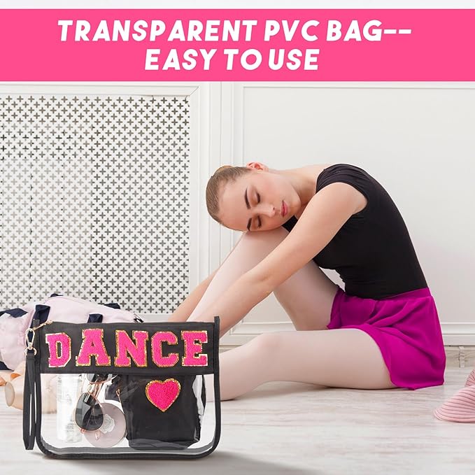 Hillban 2 Pcs Dance Recital Gifts for Teacher Christmas Clear Makeup Bag Chenille Letter Patch Cosmetic Bag Dance Competition Gift Toiletry Pouches with Zipper Waterproof Travel Purse Dancer Stuff