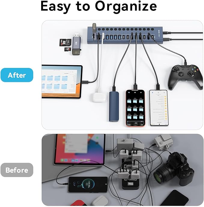 Powered USB 3.2 Hub, ACASIS 16 Ports USB 3.2 Hub(8 USB-A 3.2 Ports+8 USB-C 3.2 Ports), Aluminum USB Hub Powered with 96W Power Adapter, USB Hub for PC/Laptop, Computer, Flash Drive, Printer, Camera