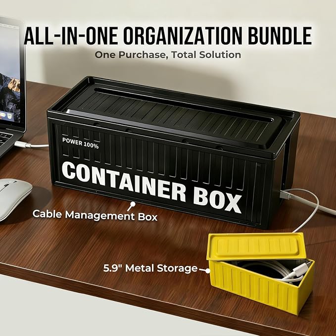 NEXIL Cable Management Box - Cord Organizer Box to Hide Power Strips & Cables, Industrial Desk Cable Organizer with Retro Metal Storage Tin, Black