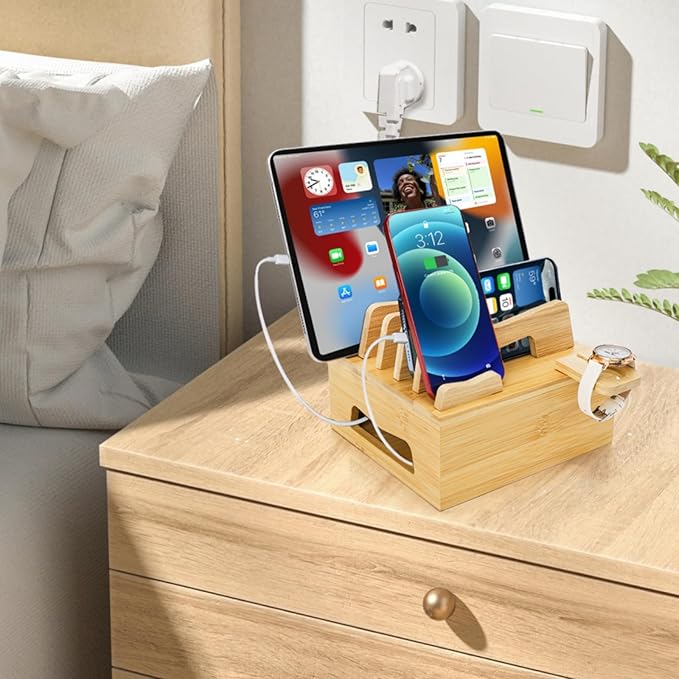 Bamboo Charging Station for Multi Devices, Small Desktop Docking Stand, Cell Phone Docking Station Charger Organizer for Tablets, Smart Watch (No USB Charger No Charging Cables)