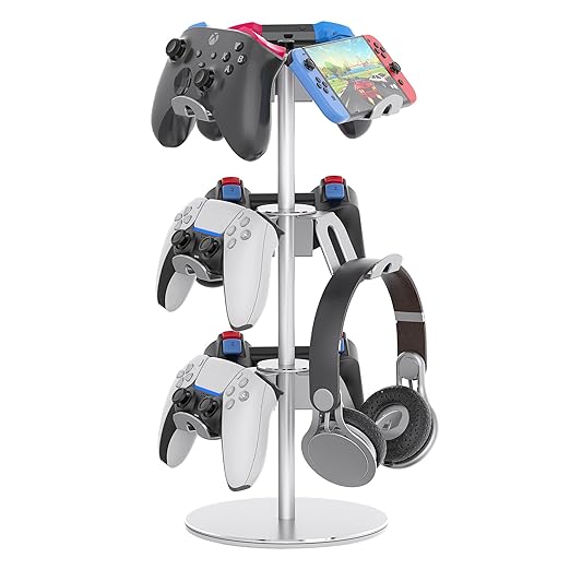 Controller Stand Compatible with Xbox PS5 PS4 Nintendo Switch Pro, 3 Tier Aluminum Gaming Headset Stand, Rotatable Headphone Controller Holder Organizer Rack, Universal & Large Capacity, Silver